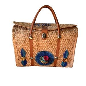 1970s Vintage ‘Mexico’ Straw Bag with Blue, Yellow, Pink and Green Embel…